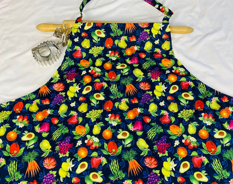 Plus Size Vegetables and Fruits on Navy Apron ready to ship image 1