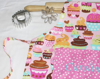 Personalized Pink Sweet Cupcakes Child Apron with pink and white dot pocket - made to order