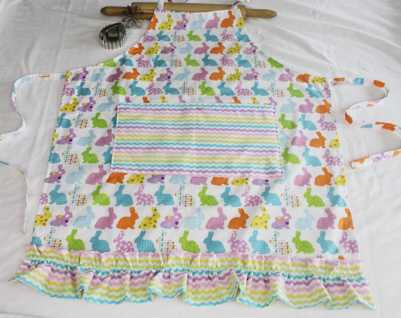 Ruffled Colorful Easter Bunnies Adult Apron with pocket and ruffle made to order image 1