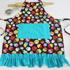 Ruffled Colorful Cupcakes on Black Youth Size Apron with Teal Ruffle and Pocket - made to order