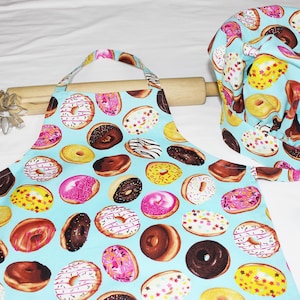 Donuts on Blue Child Apron and Adjustable Chef Hat - ready to ship
