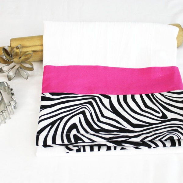 Zebra and Hot Pink Decorated Flour Sack Kitchen Towel - ready to ship