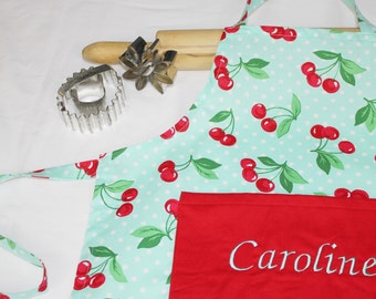 Personalized Retro Cherries on Aqua Child Apron with red pocket - made to order