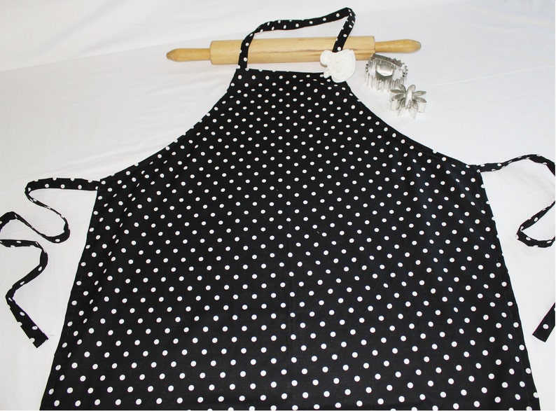 Black n White Polka Dot Adult Apron with Rose Pin ready to ship image 2