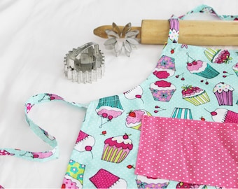 Aqua Cupcakes Child Apron with pink polka dot pocket - ready to ship