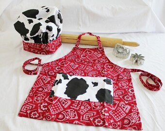 Bandanna and Cow Print Child Apron and Adjustable Chef Hat - ready to ship
