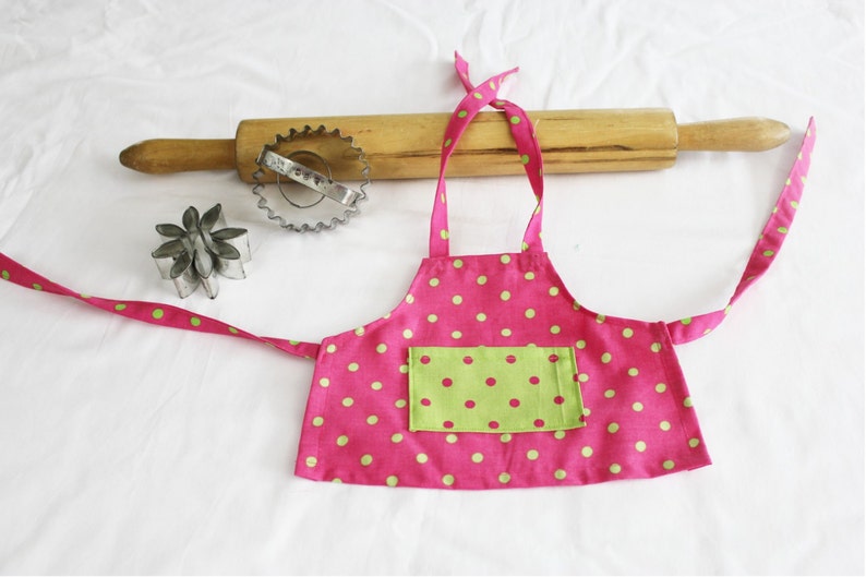 Hot Pink and Neon Green Polka Dot Doll Size Apron and Chef Hat ready to ship image 4