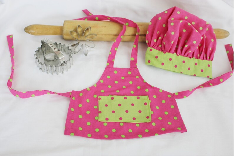 Hot Pink and Neon Green Polka Dot Doll Size Apron and Chef Hat ready to ship image 2