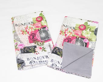 Eiffel Tower Paris Themed Cloth Napkins with Grey back - Double Sided, Thick and Large - set of 2 - ready to ship