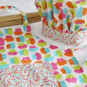 Neon Cupcakes Child Apron and Adjustable Chef Hat - sprinkles pocket and band - ready to ship