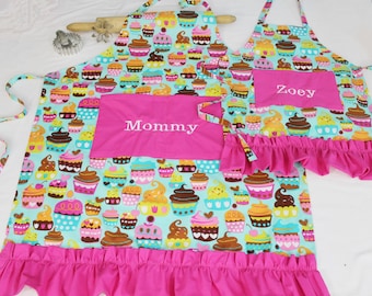 Personalized and Ruffled Teal Sweet Cupcakes Mother Daughter Aprons with hot pink pockets and ruffle - made to order
