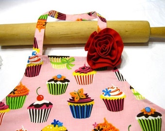 Retro Pink Cupcakes Child Apron with Fabric Rose Pin - ready to ship