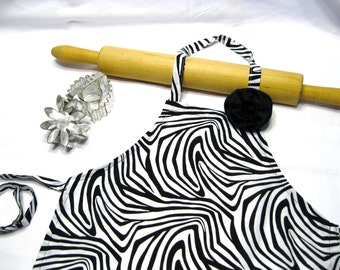 Zebra Child Apron with Fabric Rose Pin - ready to ship