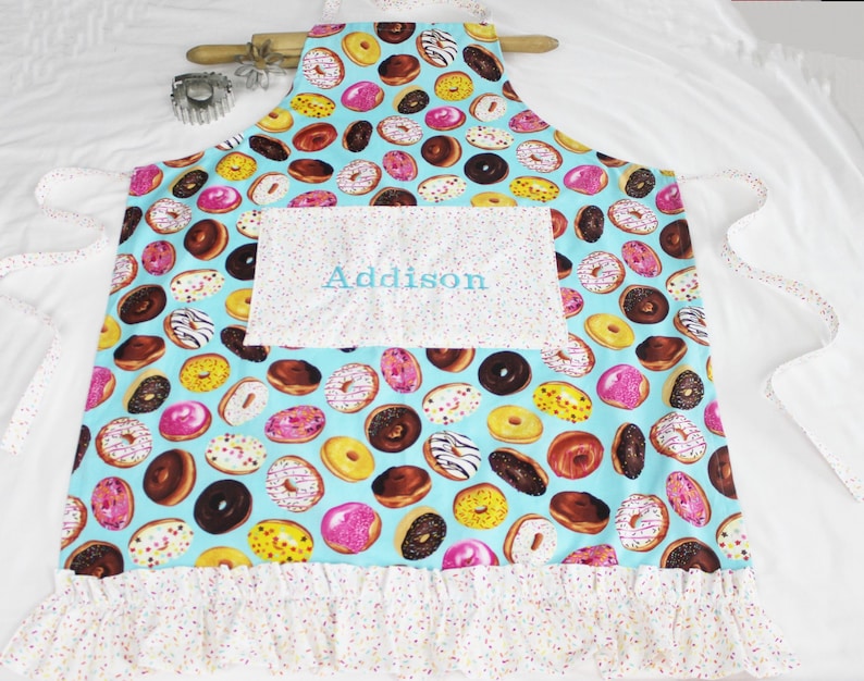Personalized and Ruffled Donuts on Turquoise Adult Apron with white sprinkles pocket and ruffle made to order