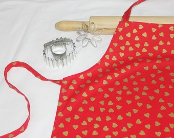 Red and Gold Hearts Child Apron - ready to ship