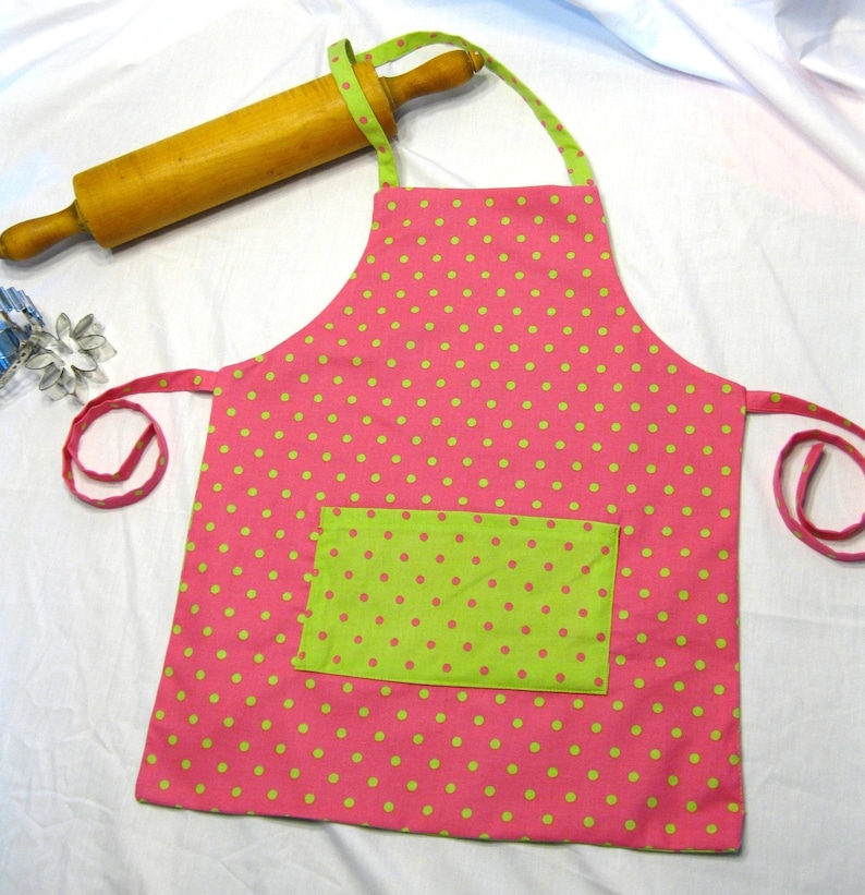Hot Pink N Neon Green Polka Dot ready to ship Reversible Child Apron