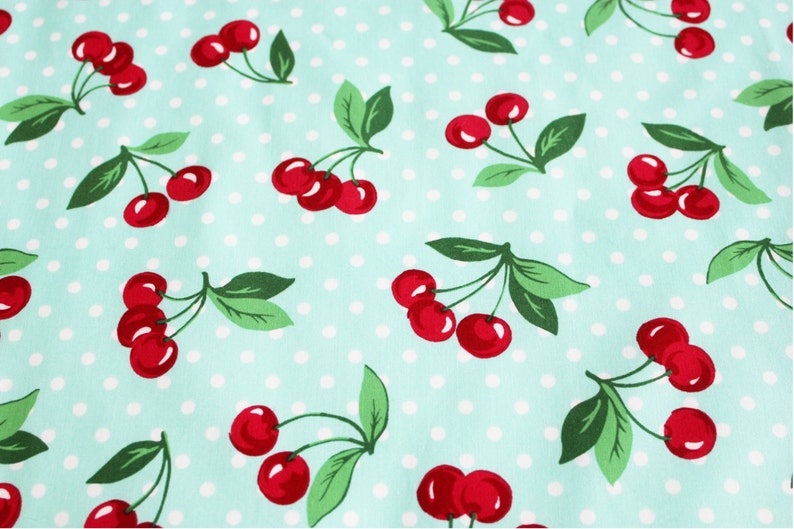 ready to ship Retro Cherries on Aqua Child Apron with red pocket