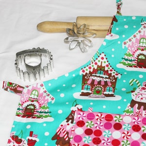 Gingerbread House Youth Size Apron - Aqua with Christmas Candy Pocket - ready to ship