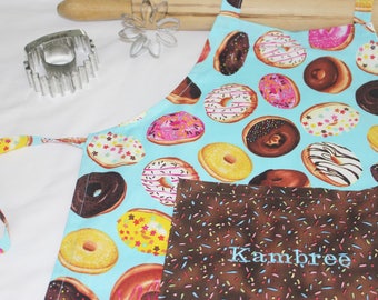 Personalized Donuts on Blue Child Apron with sprinkles pocket - made to order