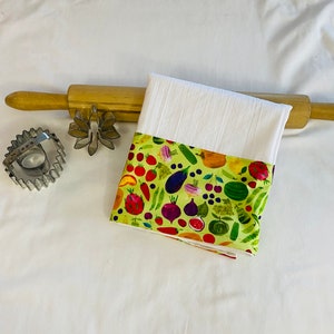 Fruit and Vegetables on Green Decorated Flour Sack Kitchen Towel - ready to ship