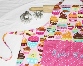 Personalized Pink Sweet Cupcakes Child Apron with pink dot pocket - made to order