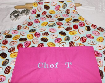 Personalized Plus Size Donuts on Blue Apron with Hot Pink Pocket - made to order