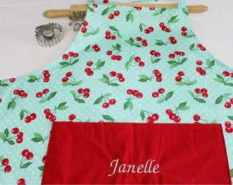 Personalized Plus Size Retro Cherries on Aqua Apron - made to order