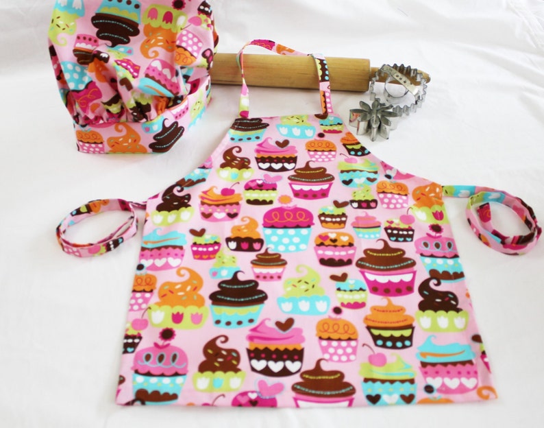 Sweet Cupcakes Child Apron and Adjustable Chef Hat ready to ship pink