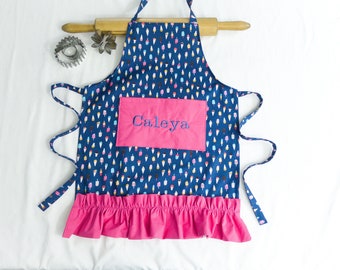Personalized and Ruffled Ice Cream Cones and Popsicles on Navy Child Apron with Pink Pocket and Ruffle - made to order