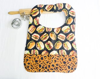 Hamburgers Adult Size Bib - with onion ring accent - ready to ship