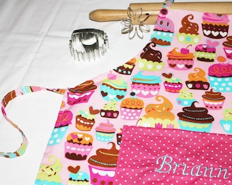 Personalized Pink Sweet Cupcakes Youth Size Apron with pink polka dot pocket - made to order