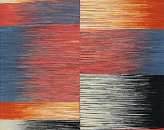 Handwoven Wool Kilim Rug 5x7, Blue Orange Striped Flatweave