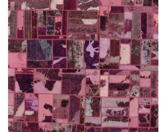 Vintage Patchwork Wool Rug 8x12 – Hand-Knotted Distressed Purple Pink One of a Kind Area Rug