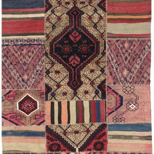 May include: A patchwork rug with a variety of patterns and colors. The rug features geometric designs, stripes, and floral motifs in shades of red, brown, pink, blue, and green. The rug is made of different fabric pieces sewn together.