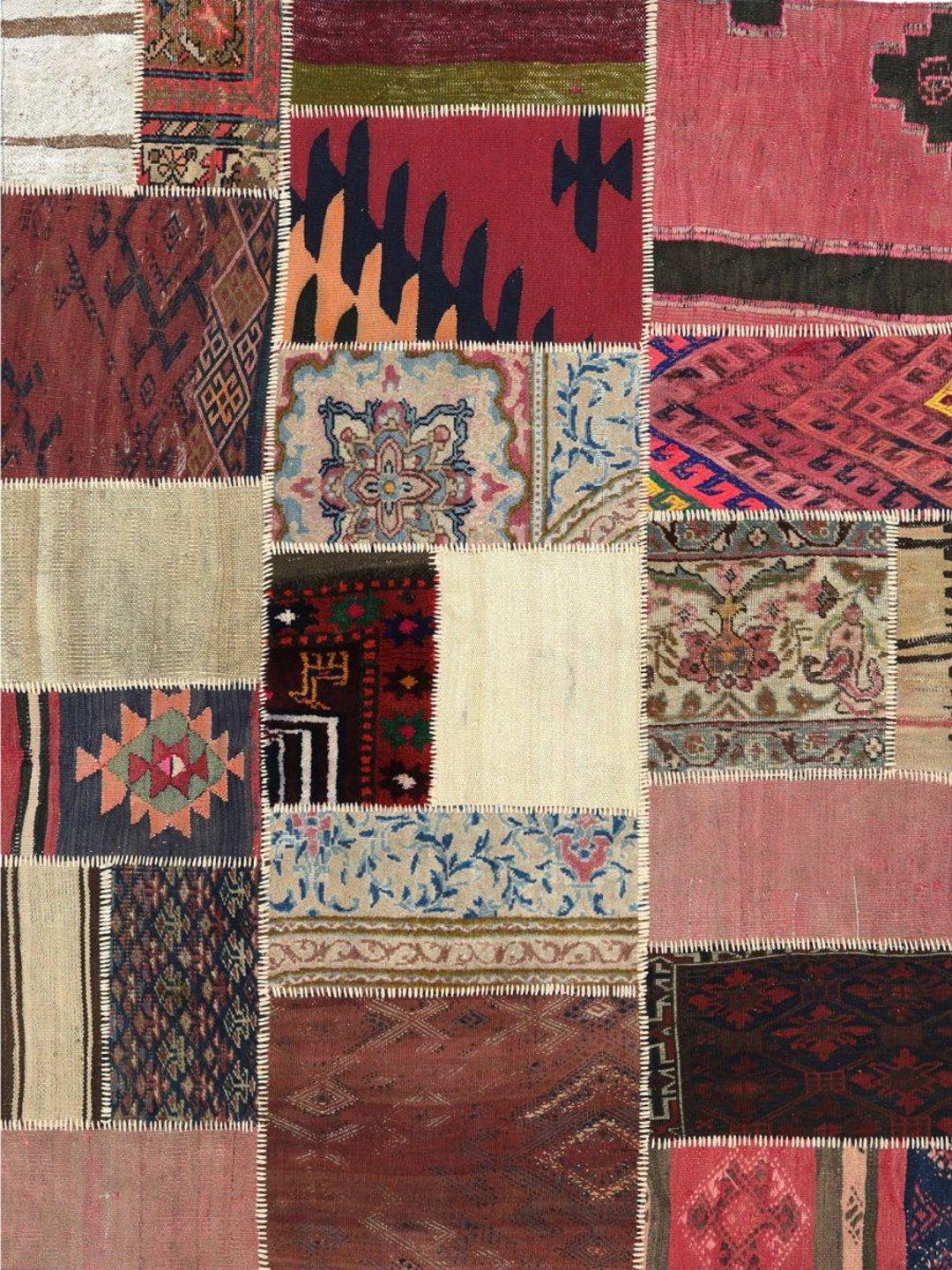 Vintage Patchwork Wool Rug (4x5) – Hand-stitched Geometric Floral ...