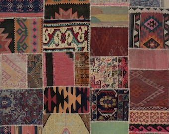6x7 Vintage Patchwork Wool Rug — Bold Geometric Design One-of-a-kind Statement Piece