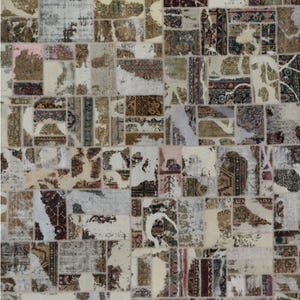 May include: A patchwork rug with a distressed, vintage appearance. The rug is composed of rectangular and square pieces in various colors, including beige, brown, and burgundy. Some sections show faded patterns, creating a worn, antique aesthetic. The rug is suitable for home decor.