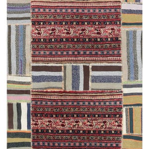 May include: A patchwork rug with a central rectangular design featuring a red and beige pattern with animal motifs. The surrounding patches are various colors, including blue, brown, and green, creating a textured, geometric design. The rug is likely made of woven fabric.