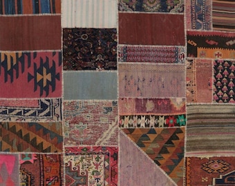 6x7 Vintage Patchwork Kilim Wool Rug — Geometric Flatweave One-of-a-kind Statement Piece