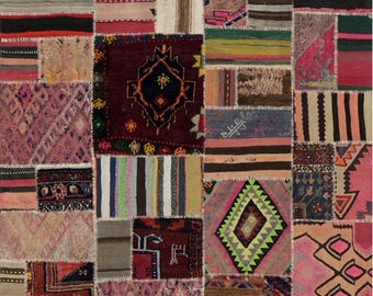 6x7 Square Patchwork Kilim Wool Rug — Colorful Geometric Flatweave One-of-a-kind Statement Piece