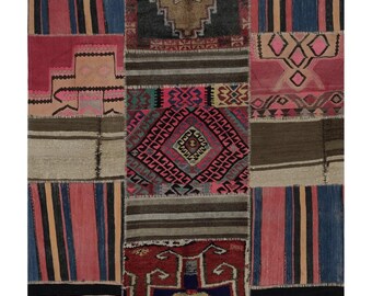 Vintage Patchwork Kilim Rug – 5x7 Handwoven Wool Geometric Rug