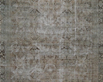 8x11 Vintage Wool Rug – Hand-Knotted Beige Brown Floral One of a Kind Area Rug