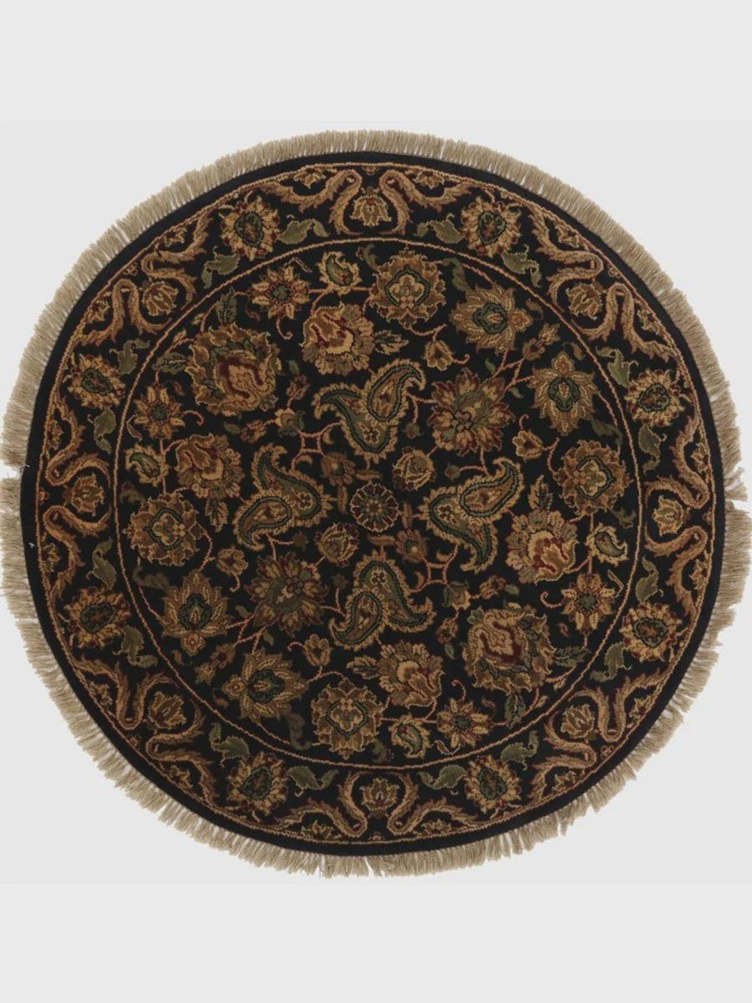 4x4 Round Hand-knotted Indian Agra Rug – Black, Tan & Green Floral Wool ...