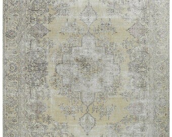 9x13 Vintage Overdyed Wool Rug – Hand-Knotted Yellow Gray Medallion One of a Kind Area Rug