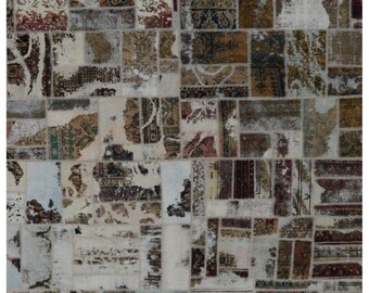 Vintage Distressed Wool Patchwork Rug 8x11 – Hand-Knotted Geometric One of a Kind Area Rug