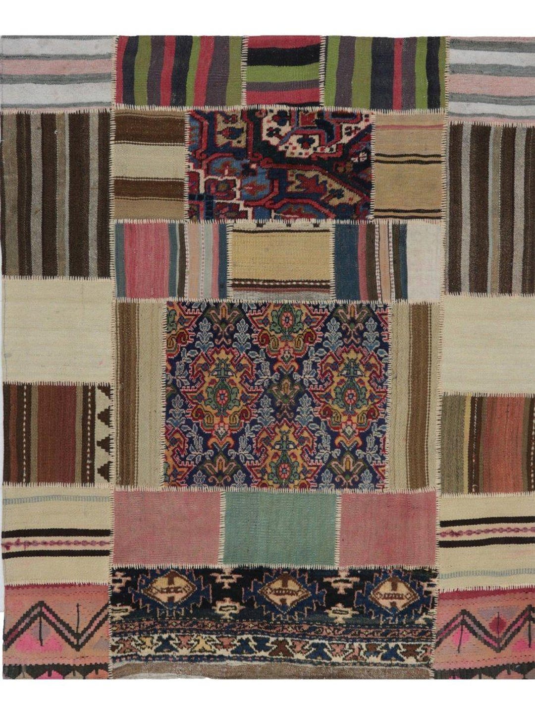 Patchwork Neutral Color Rug 5x6 Handwoven Patchwork Wool Area Rug — One-of-a-kind Statement Piece ...