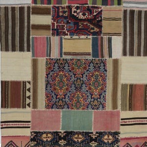 May include: A patchwork rug with a variety of patterns and colors. The rug features rectangular and square patches in shades of brown, pink, blue, and green. Some patches have striped designs, while others have intricate floral patterns.