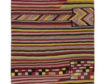 Handwoven Kilim Rug 4x7 – Yellow Red Beige Black Striped Wool Area Rug