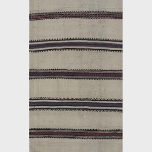 May include: A rectangular, off-white rug with horizontal stripes. The stripes alternate between solid colors and patterned bands. The patterned bands feature intricate designs in shades of red, purple, and black. The rug's design is simple and elegant.