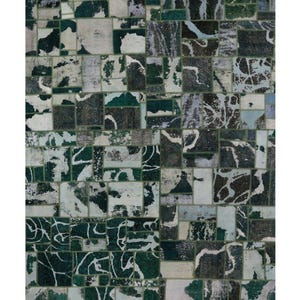 May include: A rectangular rug with a patchwork design. The rug features a variety of rectangular and square shapes in shades of green, gray, and white. Some shapes have intricate patterns, while others are solid. The rug has a distressed, vintage look.